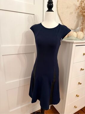 David Lerner Navy Fit-and-Flare Dress with Black Leather Inset Panels